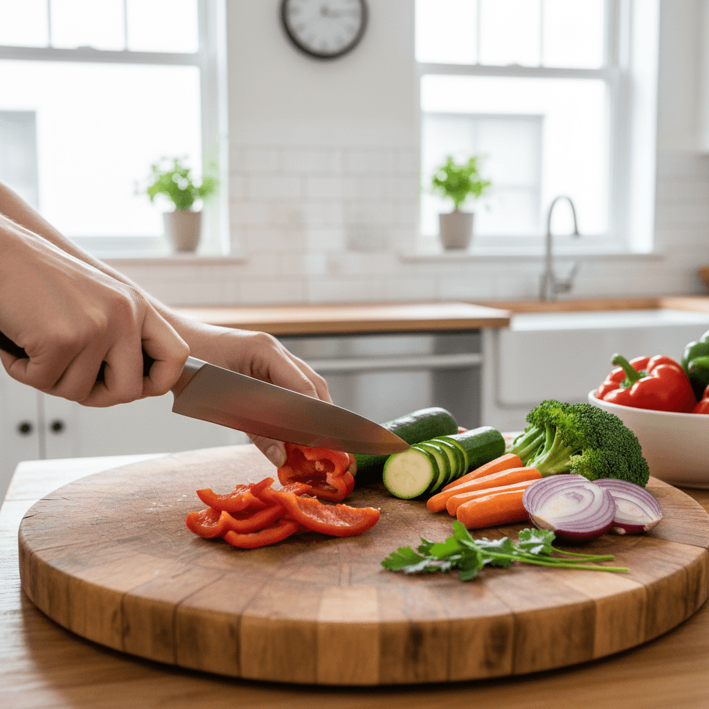 Home cook chopping fresh vegetables on a wooden board in a bright kitchen