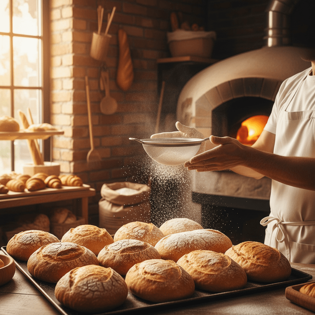 Baker dusting flour over fresh bread loaves on a baking sheet