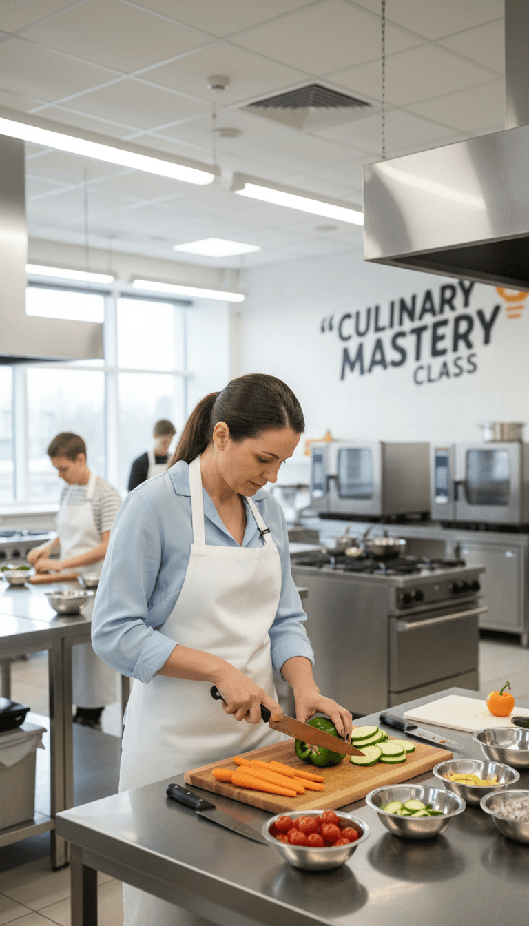 Student chopping vegetables at a cooking class station