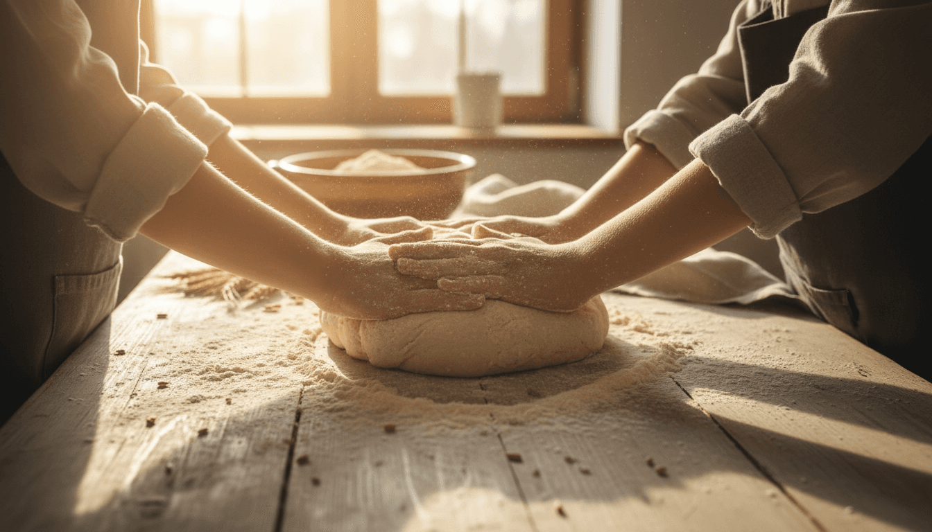hands kneading fresh dough on a floured wooden counter in a warm home kitchen