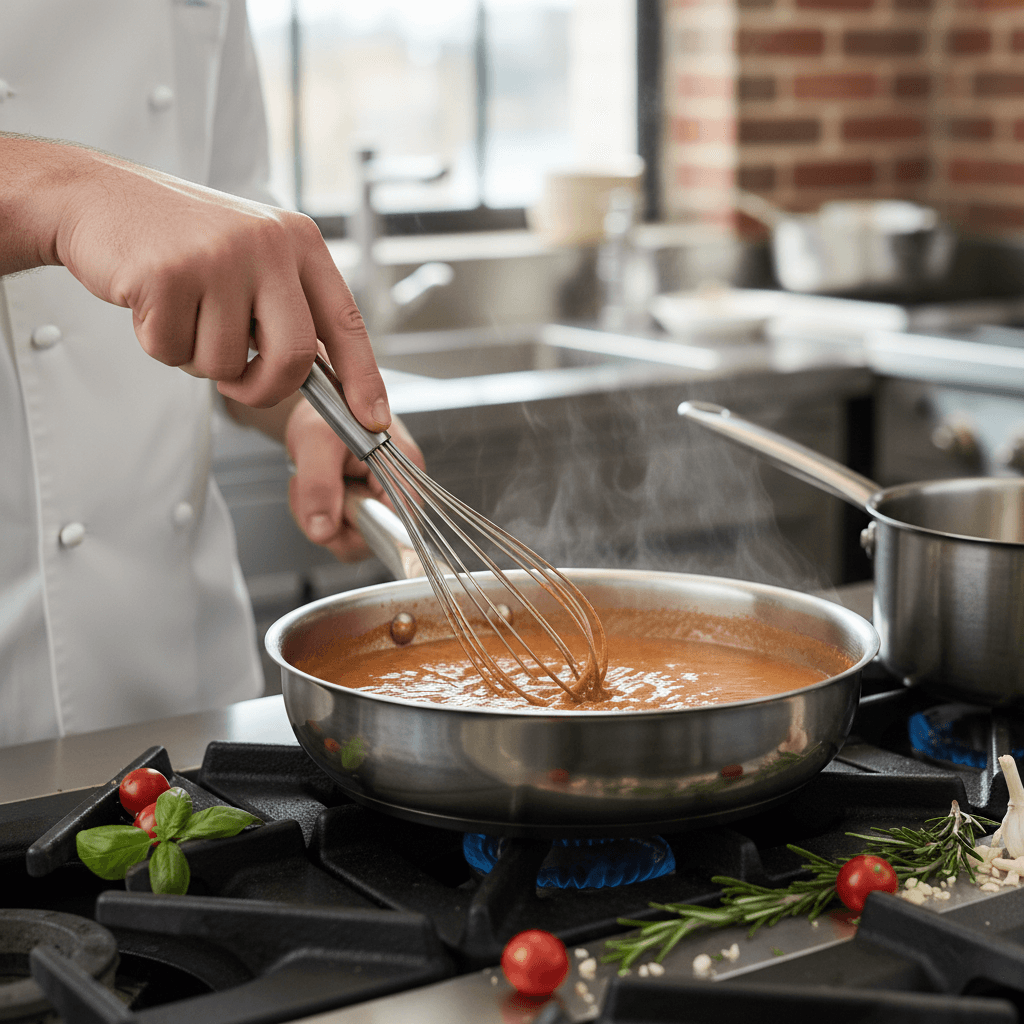 Chef whisking sauce in a pan with simmering tomatoes and fresh herbs