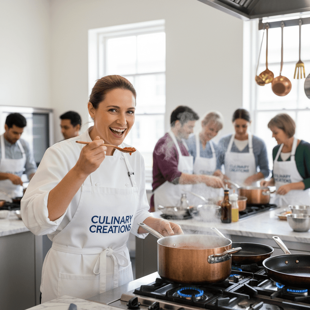 Smiling adult tasting sauce from a pot with a wooden spoon in a bright cooking class