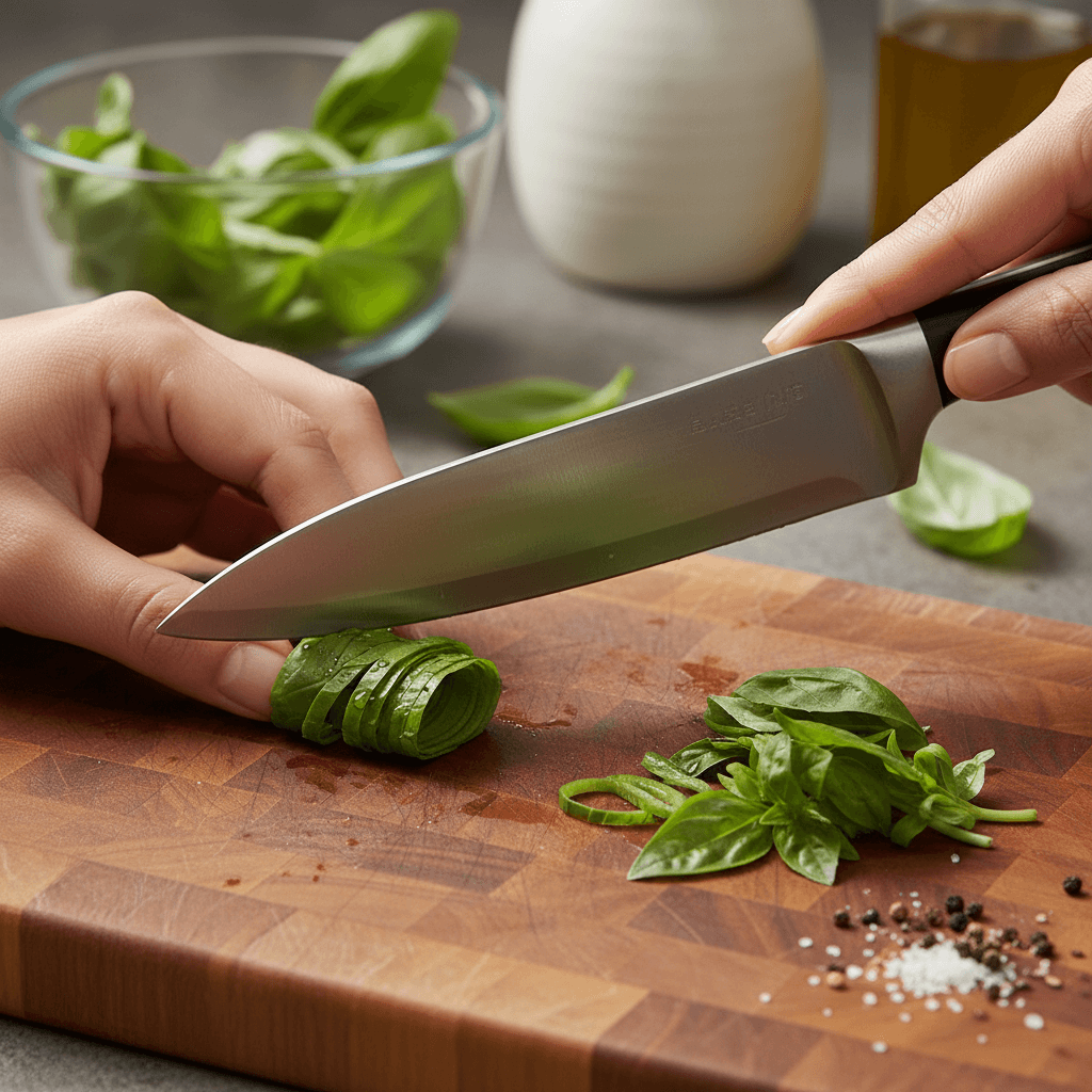 Close-up of hands holding a chef knife slicing fresh basil