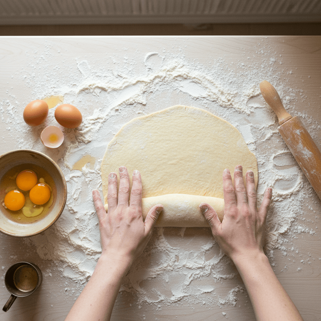 Hands rolling fresh pasta dough on a floured countertop with eggs nearby