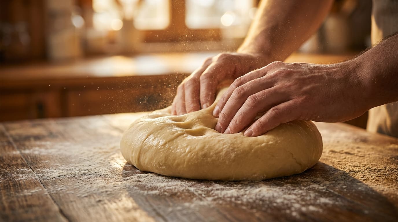 Adult student kneading dough in a bright cooking class kitchen with fresh ingredients on the counter