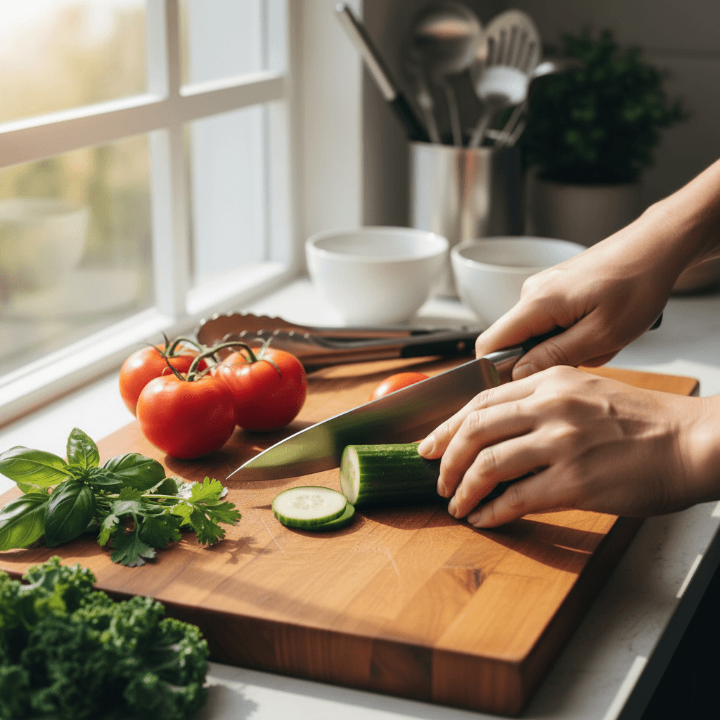 Student chopping fresh vegetables for stir-fry