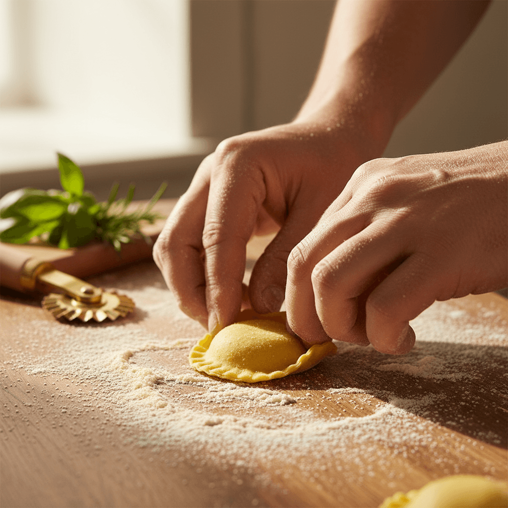 Fresh pasta dough being rolled out by hand