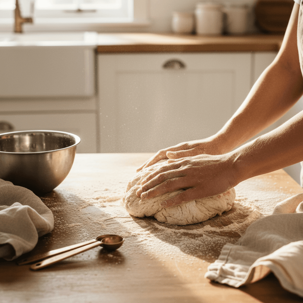 Hands kneading dough on a floured wooden counter