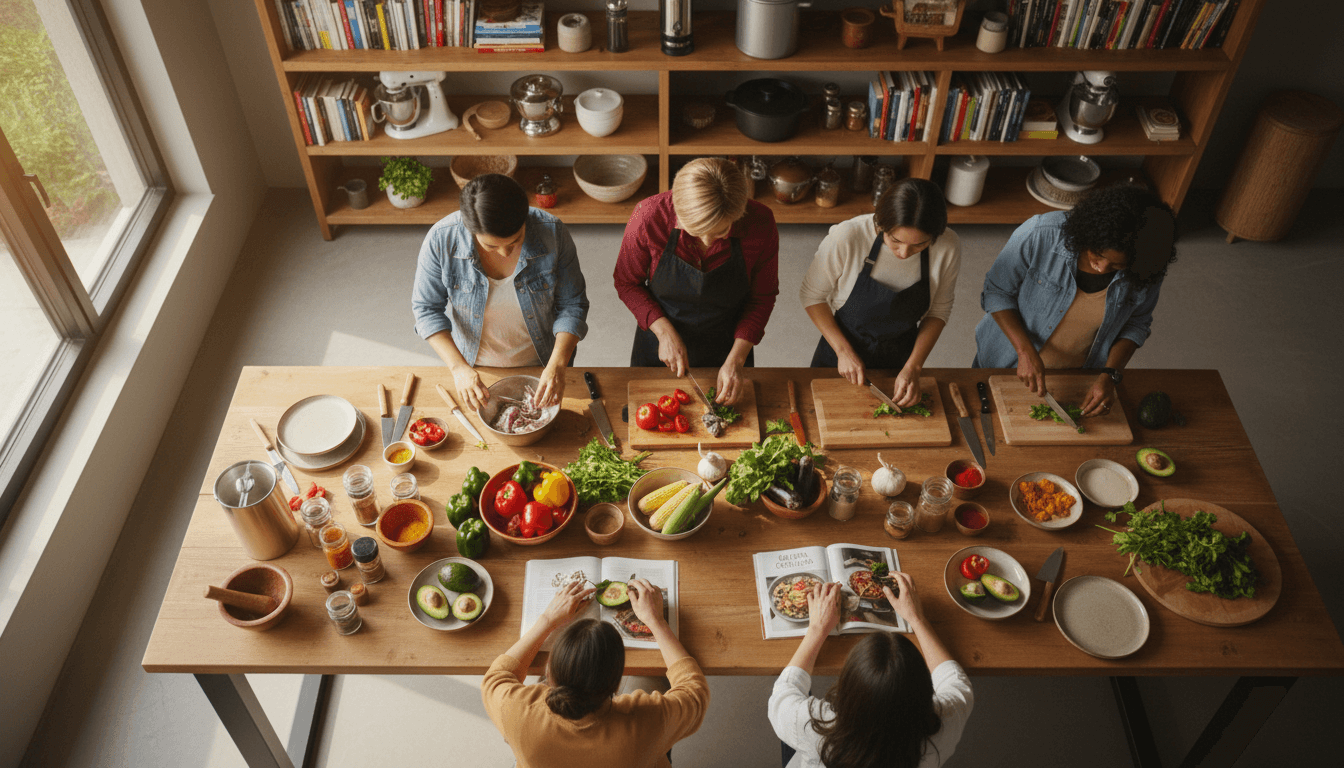Group of smiling adults cooking together at a wooden kitchen counter with fresh ingredients