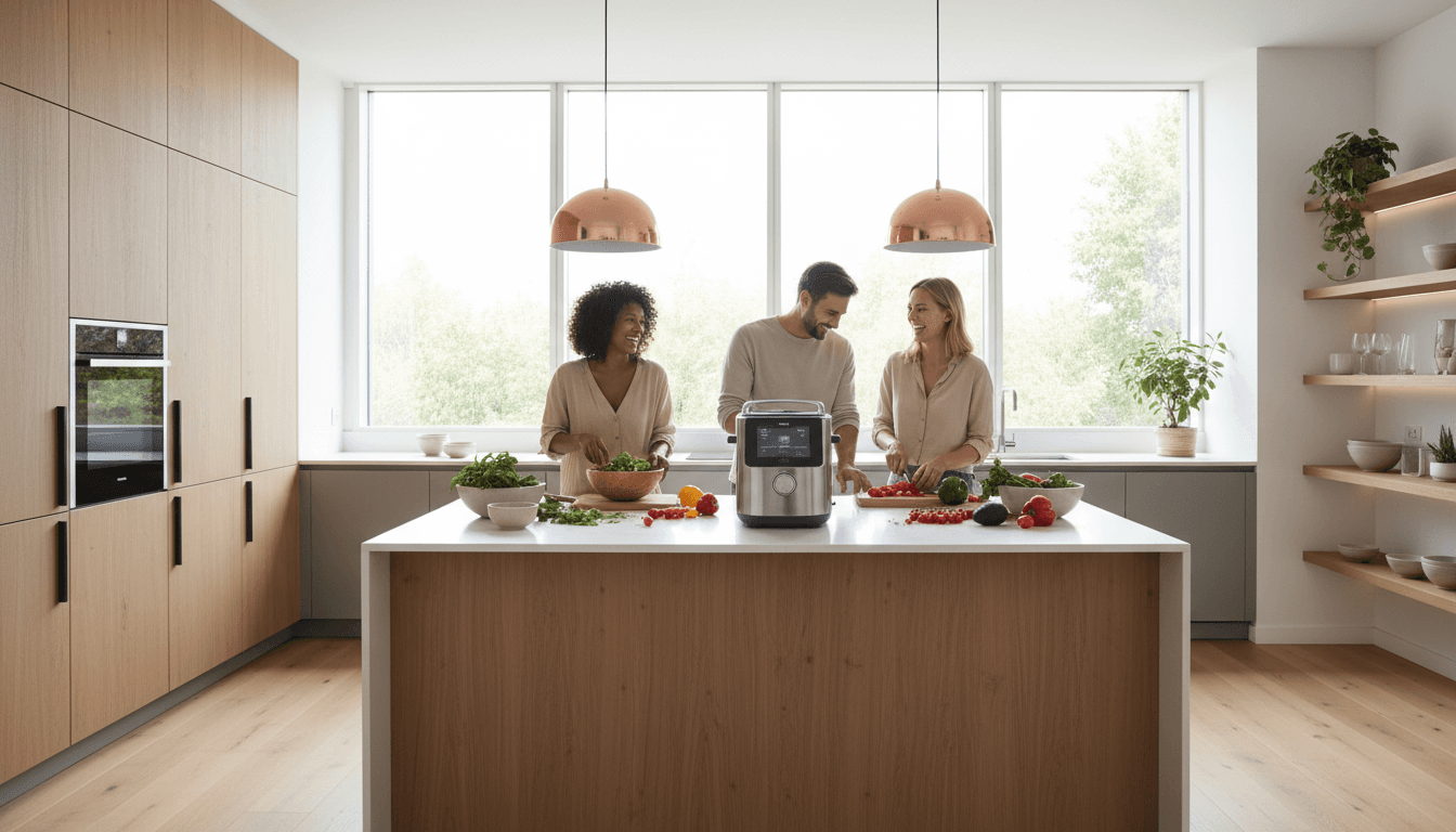 Class members cooking together at the island