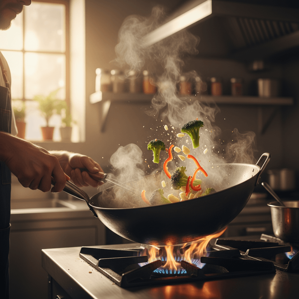 Wok cooking with vegetables and sauce over high heat