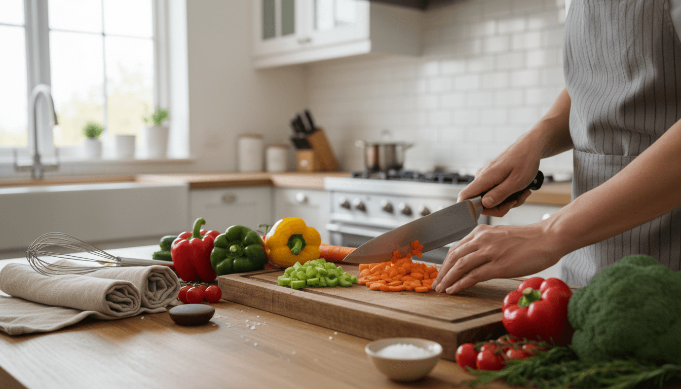 Adult student chopping vegetables in a bright cooking class kitchen