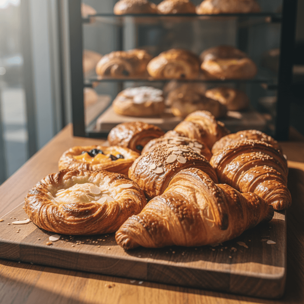 Golden croissants and pastries cooling on a baking tray