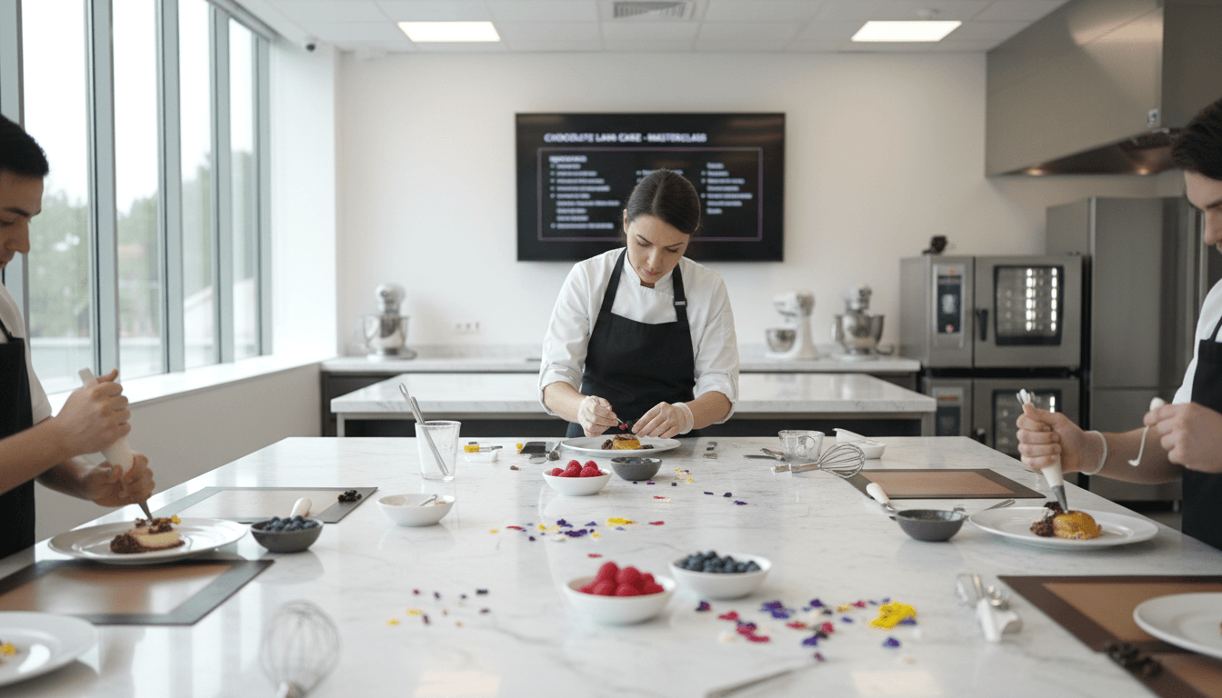 Chef teaching a cooking class with students preparing ingredients in a bright kitchen